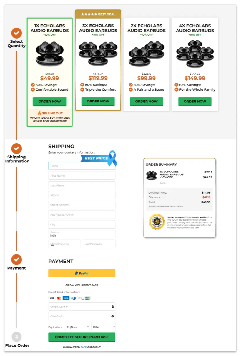 Echolabs Audio Earbuds checkout page